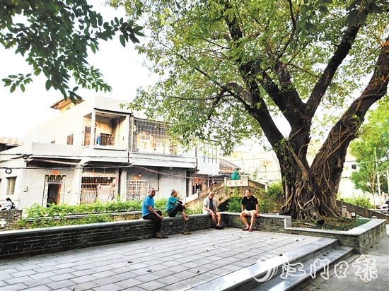 老人們?cè)诠砰艠?shù)下乘涼話家常。