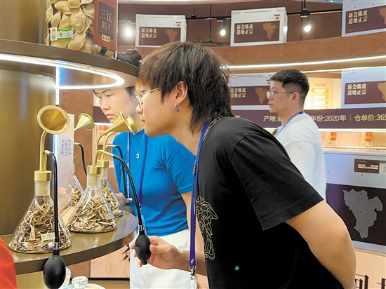 游客在新會陳皮村體驗新會陳皮的醇香。