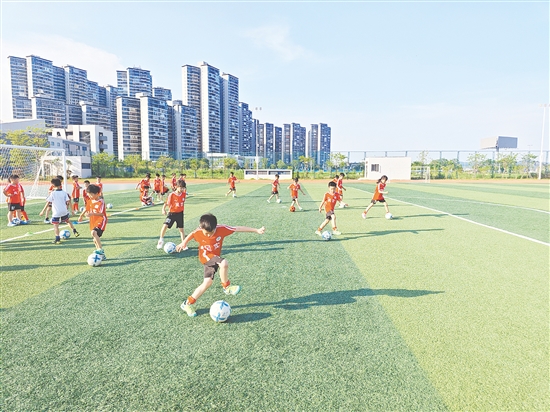 足球小將在綠茵場上奮力奔跑。