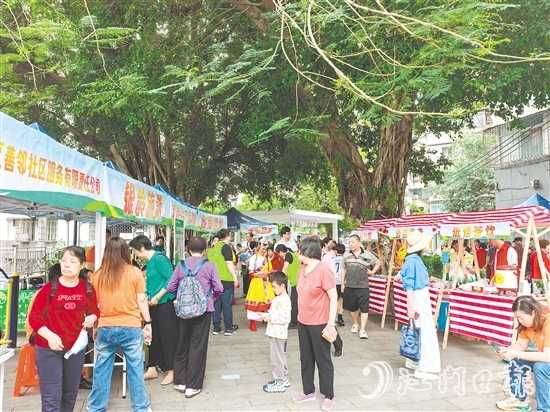 社區(qū)社會(huì)企業(yè)將利潤(rùn)按比例反哺社區(qū)公益,形成“服務(wù)—收益—反哺”的良性循環(huán)。圖為蓬江區(qū)善鄰社區(qū)服務(wù)有限公司在象山社區(qū)開展銀發(fā)經(jīng)濟(jì)集市活動(dòng)。