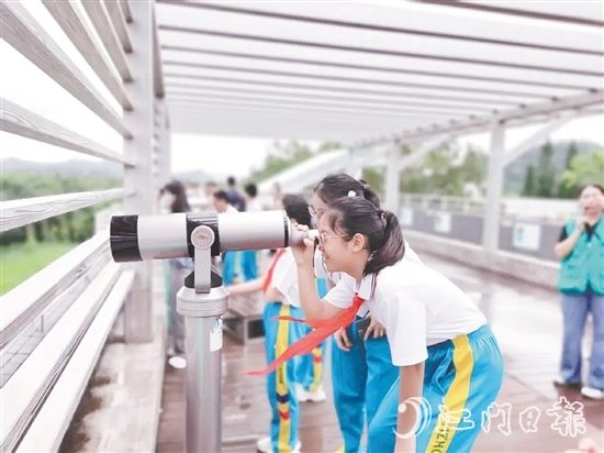 學(xué)生們用望遠(yuǎn)鏡觀察鳥類活動(dòng)。